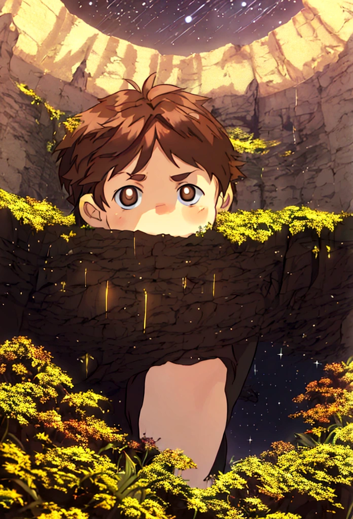 a brown haired boy with yellow eyes on a large cliff watching the starry night sky 