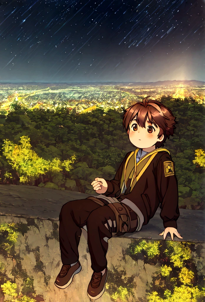 a brown haired boy with yellow eyes on a large cliff watching the starry night sky 