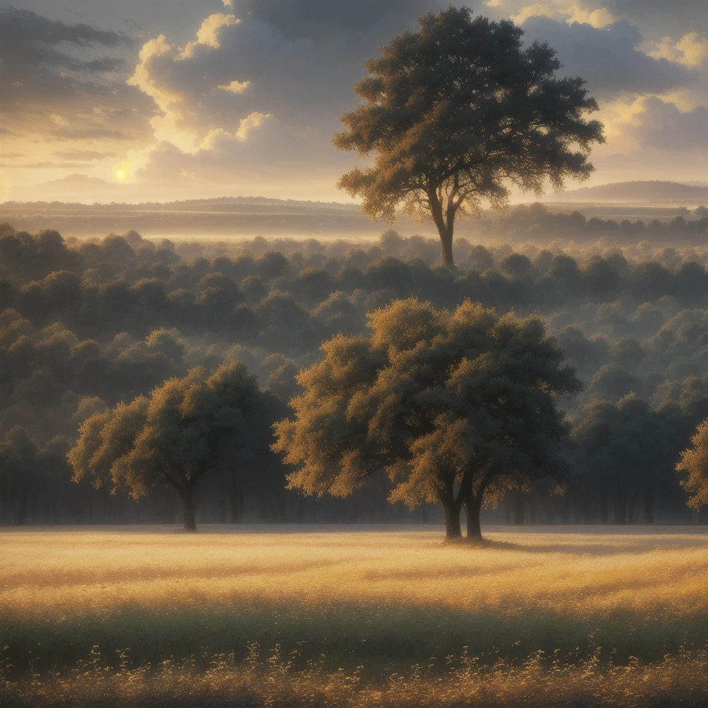 arafed view of a field with trees and bushes in the foreground, a matte painting by Carl Rahl, flickr, tonalism, intricate foreground, dramatic warm morning light, dramatic cold light, beautifully lit landscape, warm beautiful scene, extremely beautiful and ethereal, cold but beautiful, amazing landscape, beautiful!!!, gorgeous composition, marc adamus, dramatic morning light