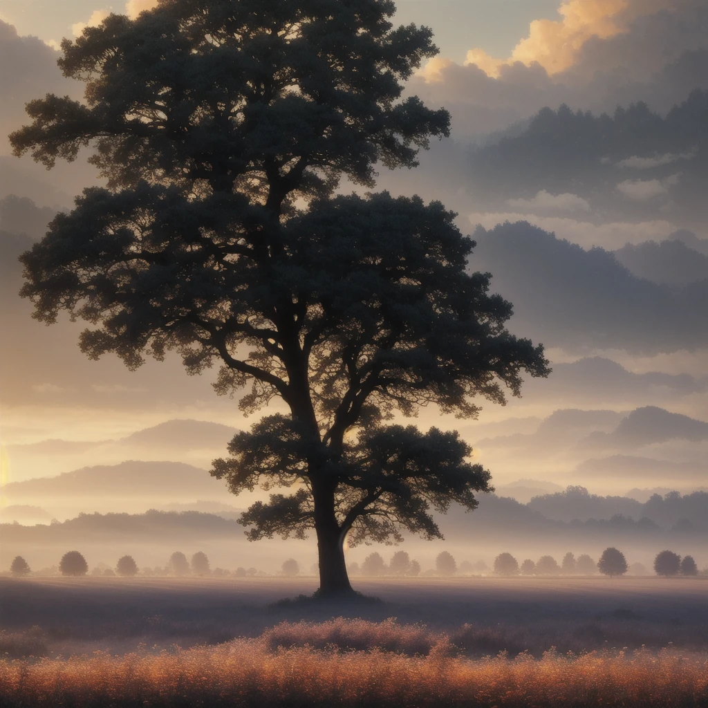 arafed view of a field with trees and bushes in the foreground, a matte painting by Carl Rahl, flickr, tonalism, intricate foreground, dramatic warm morning light, dramatic cold light, beautifully lit landscape, warm beautiful scene, extremely beautiful and ethereal, cold but beautiful, amazing landscape, beautiful!!!, gorgeous composition, marc adamus, dramatic morning light