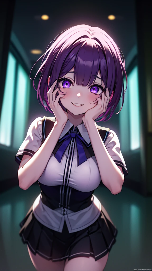 ((Best quality)), ((masterpiece)), (detailed:1.4)), 1girl, short dark purple hair, square bangs, fair skin, purple eyes, sharp eyes, big breasts, thighs, white uniform, short sleeves, skirt with unique patterns, at school, night time, yandere face, yandere, showing teeth, smiling wide, crazy eyes , glowing eyes , crazy smile, Trance , hands on own face,hands on own cheeks, Trance Eyes , yameroyandere , constricted pupils, HDR (High Dynamic Range),Ray Tracing,NVIDIA RTX,Super-Resolution,Unreal 5,Subsurface scattering,PBR Texturing,Post-processing,Anisotropic Filtering,Depth-of-field,Maximum clarity and sharpness,Multi-layered textures, Albedo and Specular maps,Surface shading,Accurate simulation of light-material interaction,Perfect proportions,Octane Render,Two-tone lighting,Wide aperture,Low ISO,White balance,Rule of thirds,8K RAW