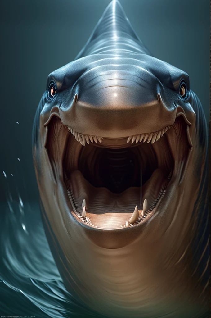 Create a realistic image of a Megalodon from the front, as if it were looking directly at the camera. The Megalodon must be submerged in deep water, with an intimidating and menacing expression, capturing the essence of a dominant prehistoric predator. Details such as sharp teeth, piercing eyes and skin texture must be well highlighted to increase the realism and visual impact of the image.