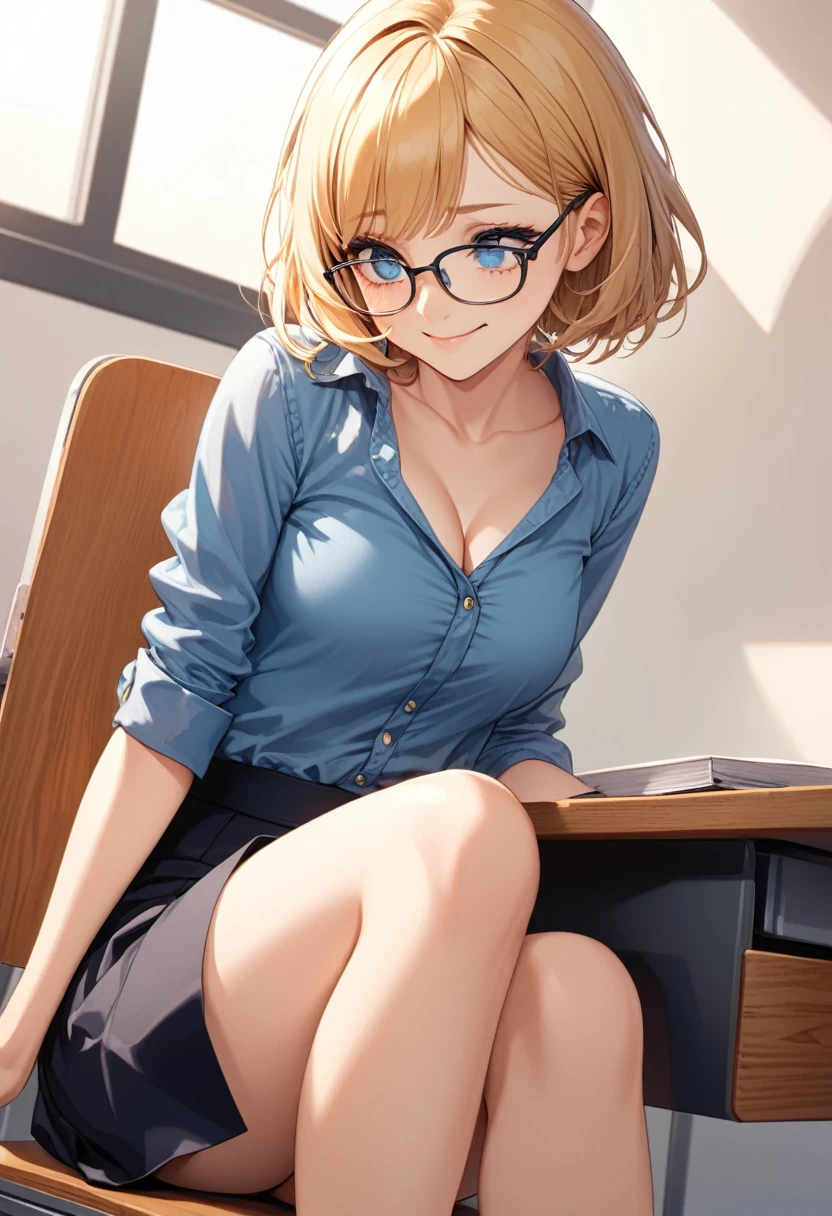 detailed illustration ,dynamic angle, ultra-detailed, detailed eyes, detailed face, 1girl, shy, sitting at a desk, blonde, short hair, medium breasts, cleavage, blue blouse, short black skirt, blue eyes, glasses, smiling