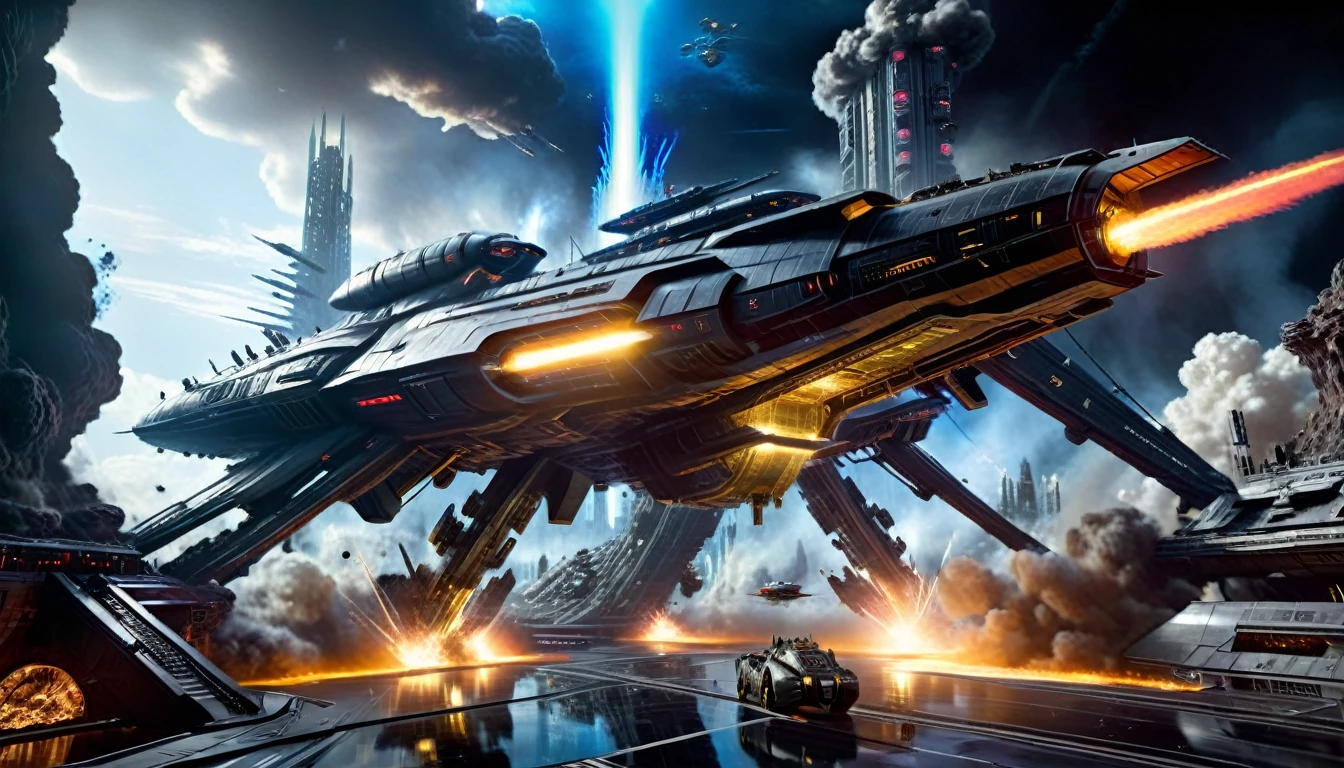 a massive futuristic spaceship, a space battle scene, a huge enemy spaceship looming in the distance, a command bridge overlooking the battle, cinematic lighting, highly detailed, epic scale, intricate mechanical design, glowing neon lights, reflective metal surfaces, billowing smoke and exhaust, intense battle damage, dynamic camera angle, dramatic lighting and shadows, hyper-realistic, photorealistic, 8k resolution, masterpiece