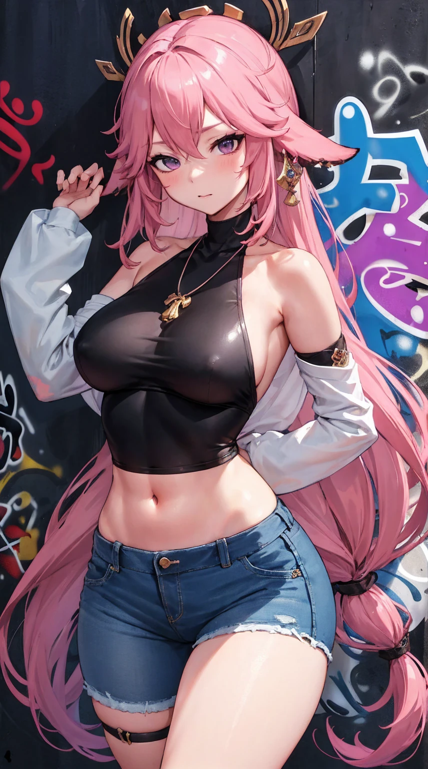 Yae Yoshiko|Genshin Impact, masterpiece, best quality, 1 Girl,25 years old, proportional body, Lengthen your legs, proportional., Top of crop, Long jeans, Medium breasts, ,only, Top of crop, Necklace, (Graffiti:1.5), Splash with purple lightning pattern., Arms behind your back, Against the wall, View from the front., Thigh straps, Head tilt, boring,