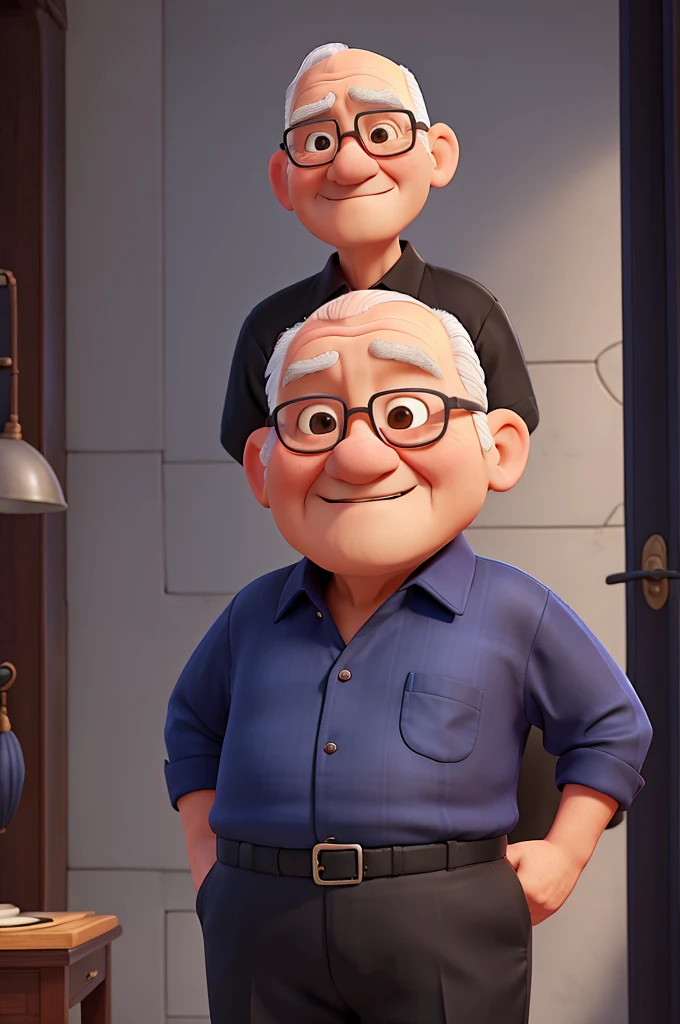 senior citizen, baldie, plumpness, with navy blue dress shirt and black pants