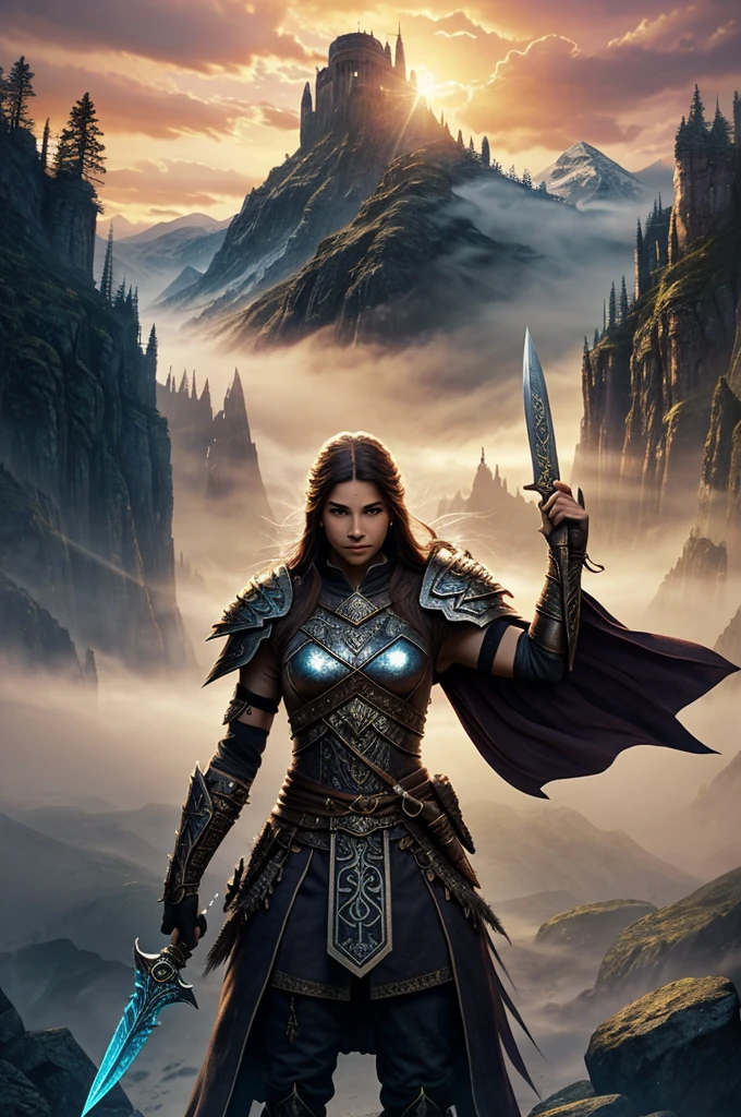 Crie uma cena épica de Dungeons and Dragons, where several RPG characters are in a dynamic battle. Include a strong warrior in shining armor, a priestess enveloped in holy light, a wizard casting a powerful spell and a nimble rogue about to strike from the shadows, all with detailed faces. The setting should be a classic battlefield, with castles in the background, a dragon and an atmosphere of adventure.