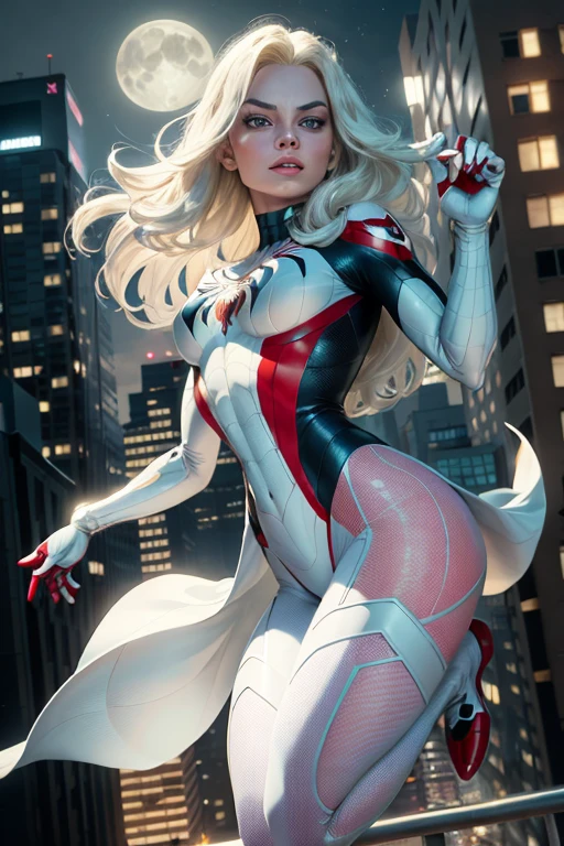 Margot Robbie (Masterpiece, 4k resolution, ultra-realistic, very detailed), (White superhero theme, charismatic, there's a girl at the top of town, wearing Spider-Man costume, she's a superhero), [ (25 years), (long white hair:1.2), full body, (blue eyes:1.2), ((Spider-Man pose),show of strength, jumping from one building to another), ((sandy urban environment):0.8)| (cityscape, at night, dynamic lights), (full moon))] # Explanation: The Prompt mainly describes a 4K painting of ultra-high definition, very realistic, very detailed. It shows a superheroine at the top of the city, wearing a Spider-Man costume. The theme in the painting is a white superhero theme, the female protagonist has long white hair, is 25 years old and her entire body is shown in the painting. In terms of portraying the actions of superheroines, spiders are employed