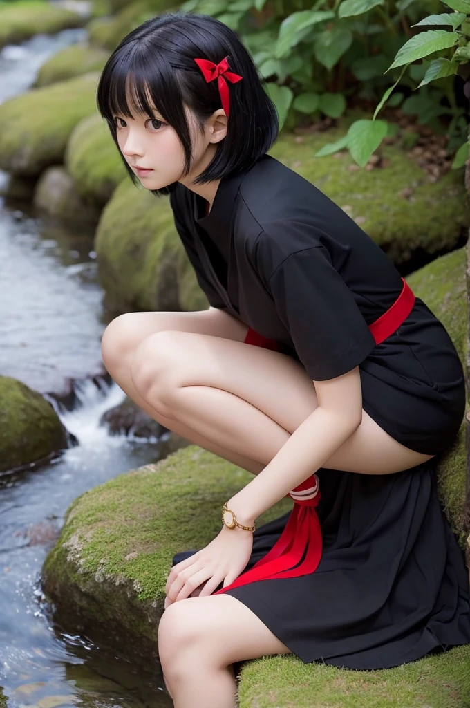 Studio Ghibli style. Japanese girl with short black hair, red ribbon, black dress, bed phone, sitting near a stream in nature, soothing. Nearby sits a black kitten. Top quality, masterpiece, detailed, highest quality, 24K, beautiful face, well-dressed, decent face. Beautiful hands.