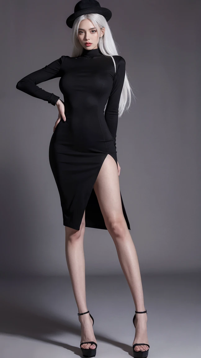 lifelike,Vision,Full body shot from head to toe,Big breast, random Black hat,Black high collar long tight dress with train,White plush coat,Black platform high heels,high resolution, 1 Extremely tall, slender and sexy woman,Hands behind back, alone,Amazing body proportions,Two meters tall,Extremely tall,With extra large,slender willow waist,Large wide crotch,Extremely huge buttocks,Incredibly exaggerated long legs,Super long big thick legs,Amazing long legs, view viewer, (Detailed face), white hair, Super long high ponytail white hair,Extra-long gray hair,Full body shot from head to toe。