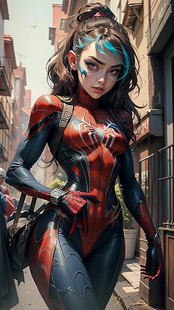 Beautiful woman detailed defined body using spider man cosplay, small breasts