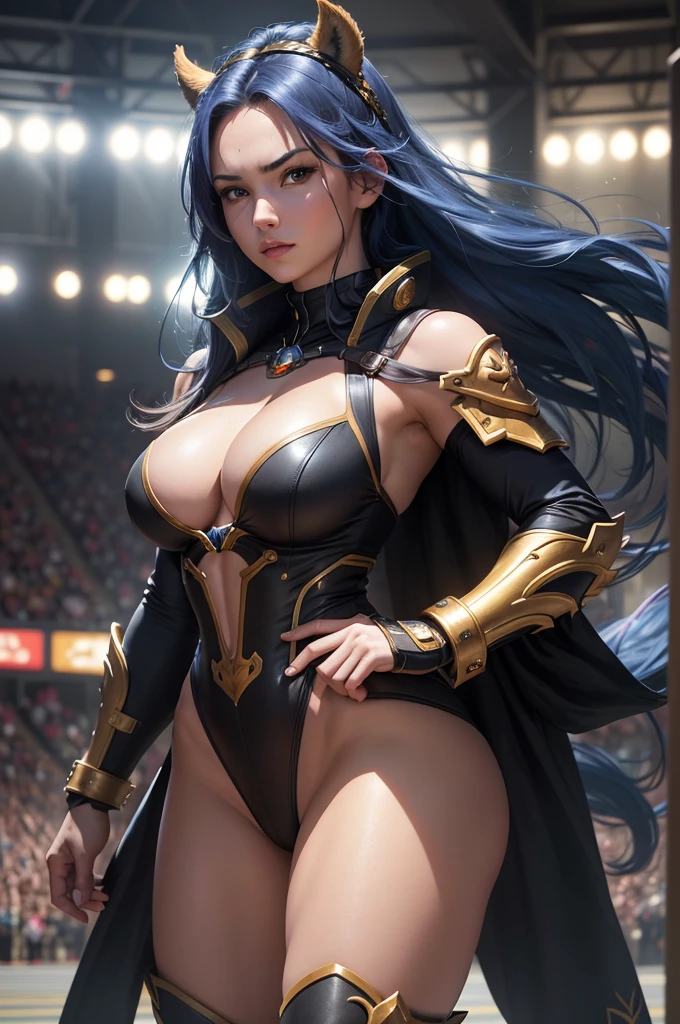 ultra high res,8k,(Photorealsitic:1.4), (beast-like animal wear:1.2), designed by Hajime Katoki,heavy weapons,vivid textures,animal legs, (blue hair), japanese female soldier,(ultra beautiful face),((super realistic all textures)), ((super intricate all details)), full body shot, ultra sharp photo result, Acrylic Clear Cover, Hydraulic cylinder, style, taken with Fuji film X-T30+Nokton. HDR10,Minimum of 4 pieces created,(masterpiece, highest quality, Realistic, High resolution, photograph, :1.3), Sharp focus, beautiful Femail warrior, perfect beautiful face, long blonde hair, voluptuous body, Abs, muscle, bikini armor, loincloth, standing pose, in dark forest, ((whole body shot)),a woman in a black and gold outfit standing in a stadium, fighting game character, character from king of fighters, heavy gesture style closeup, iconic character splash art, alexstrasza, brigitte from overwatch, fierce expression 4k, lovely brigitte from overwatch, brigitte, strong and imposing, barbara hammer 4 k, cushart krenz key art feminine,8K, 4k, highest quality, High resolution: 1.2), (masterful, realistic, Photoreal: 1.4), 1 woman, Older sister's atmosphere、beautiful face, she has a bright smile、Shining Lipin Eyes, beholder, Fair skin, white skin: 1.5), Fine complexion, big, big, Marron-colored hair、headband bangs, , young, s asack-view、big ass、super breasts、H cup、lower hair、Rear view、exposed nipples、T-back that digs into your butt、thong lingerie、wear a white thong、white langerie、emphasize the buttocks、white collar calvin klein thong、cute long hairstyle、Leg covers、wear high heel boots、A woman standing in front of a giant robot、There's a giant robot standing in the background、giant mech pilot、