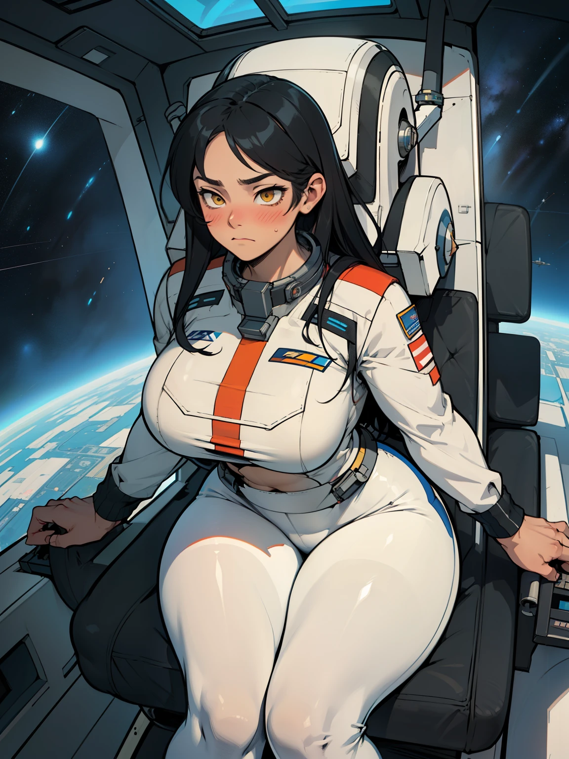 1girl solo black hair yellow eyes very long hair pale skin muscular muscular muscular muscular toned body huge muscles thick thighs girl tight clothes blushing messy hair leggings tight shirt long sleeves thick thick thick thick thick thick (piloting spaceship) (piloting spaceship) (piloting spaceship) (piloting spaceship) (piloting spaceship) (piloting spaceship) (piloting spaceship) expressionless sad