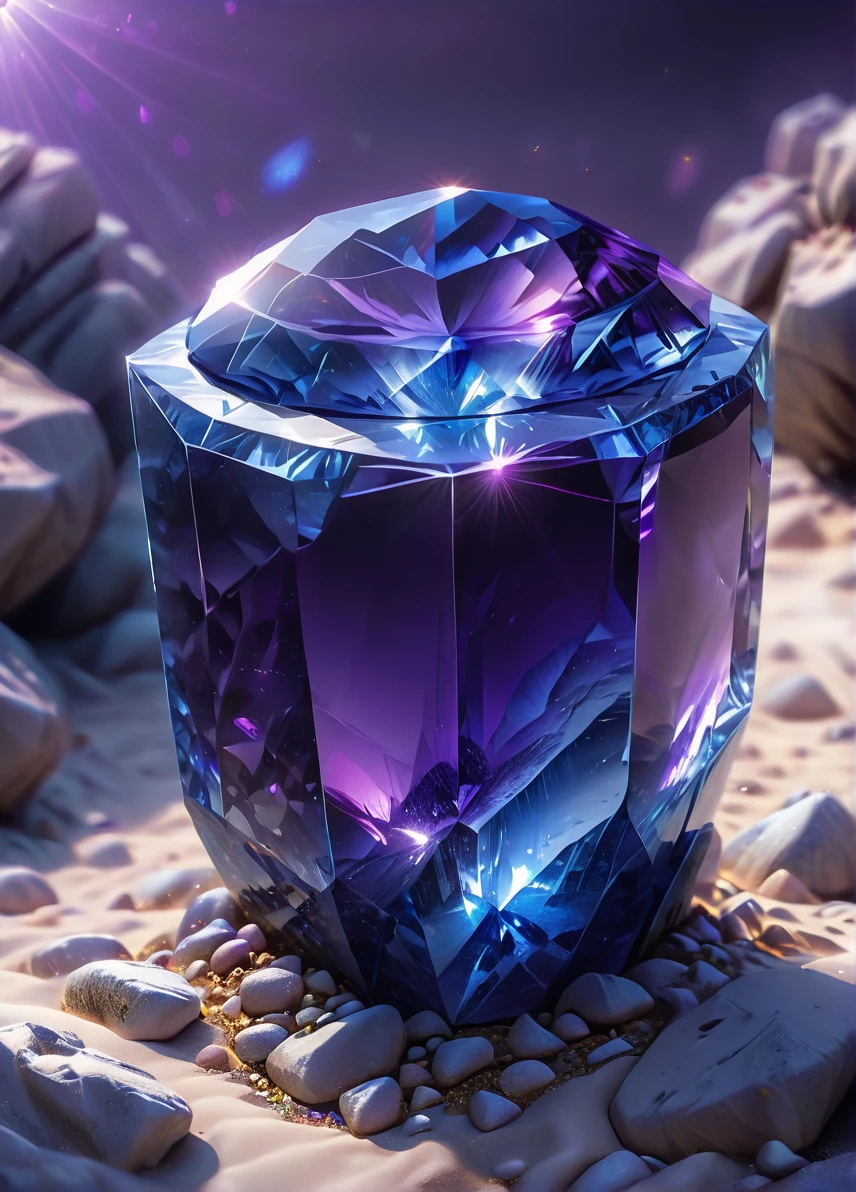 glowing sapphire , (glowing sapphire: 1.5), (magic radiation: 1.0), (purple: 1.0), ground with rocks and dirt , full shot, ((looking at viewer:1.2), (from side:0.8)), volumetric lighting dynamic lighting, real shadows, vibrant contrasting colors, style of Stephen Hickman and Stan Manoukian, ultra realistic, masterpiece, high quality, highres, sharp focus, intricate, sharp details, highly detailed, rich color, 8K,