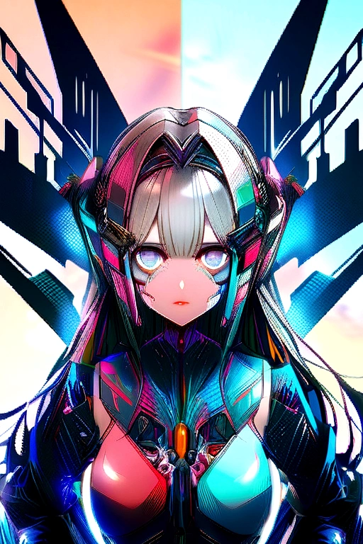 An extremely complex synthesizer and a girl merged into one