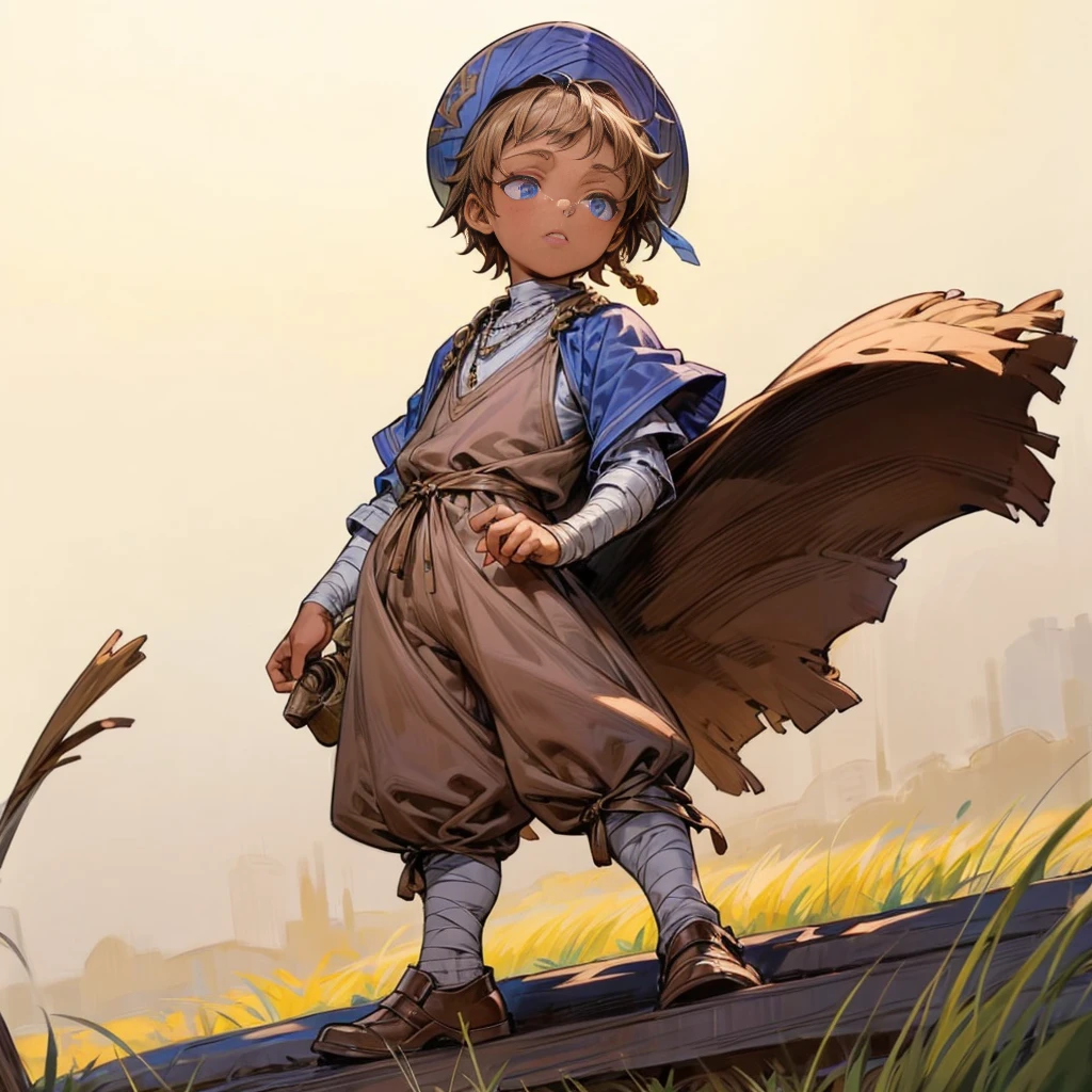 1little boy, Full body version, 1character, blue eyes color, sad eyes, eyeliner, tan skin, classic fade haircut, almond eyes type, brown colour hair, medieval clothing style, breton hat, eyes mask, vest armor, purple color clothing, silver necklaces, bandage on hand, Grassroots background in field town, motion blur 