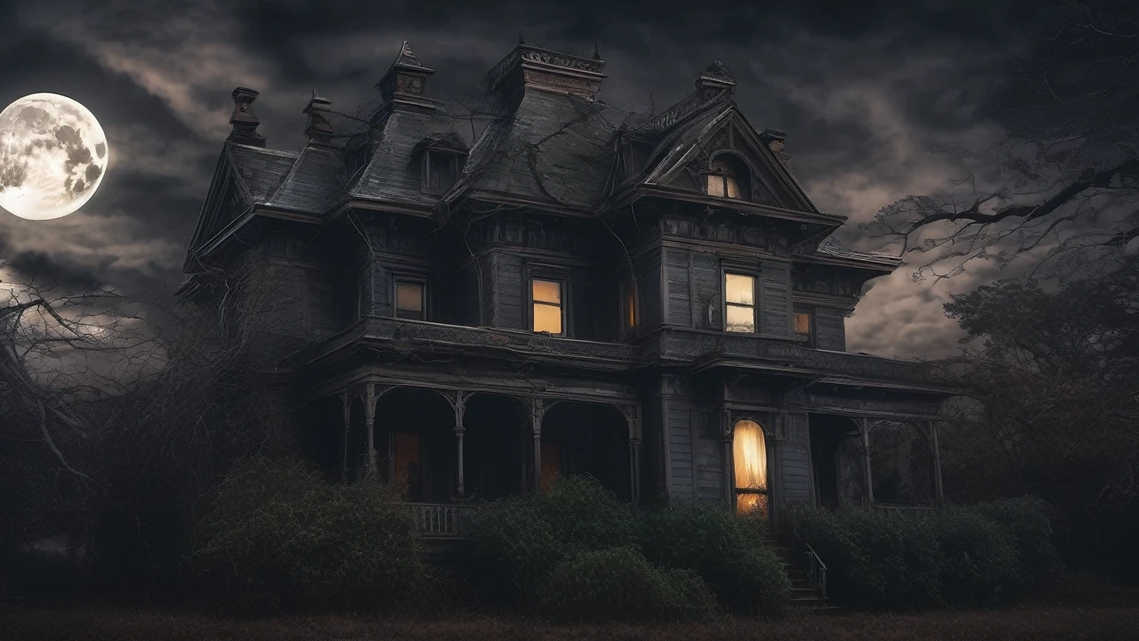 a haunted victorian mansion, dark stormy night, ominous clouds, eerie glowing windows, twisted trees, full moon,