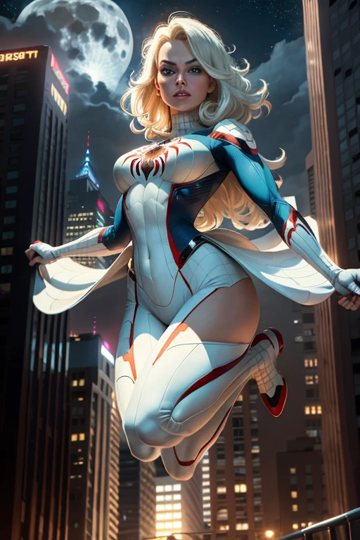 Margot Robbie (Masterpiece, 4k resolution, ultra-realistic, very detailed), (White superhero theme, charismatic, there's a girl at the top of town, wearing Spider-Man costume, she's a superhero), [ (25 years), (long white hair:1.2), full body, (blue eyes:1.2), ((Spider-Man pose),show of strength, jumping from one building to another), ((sandy urban environment):0.8)| (cityscape, at night, dynamic lights), (full moon))] # Explanation: The Prompt mainly describes a 4K painting of ultra-high definition, very realistic, very detailed. It shows a superheroine at the top of the city, wearing a Spider-Man costume. The theme in the painting is a white superhero theme, the female protagonist has long white hair, is 25 years old and her entire body is shown in the painting. In terms of portraying the actions of superheroines, spiders are employed