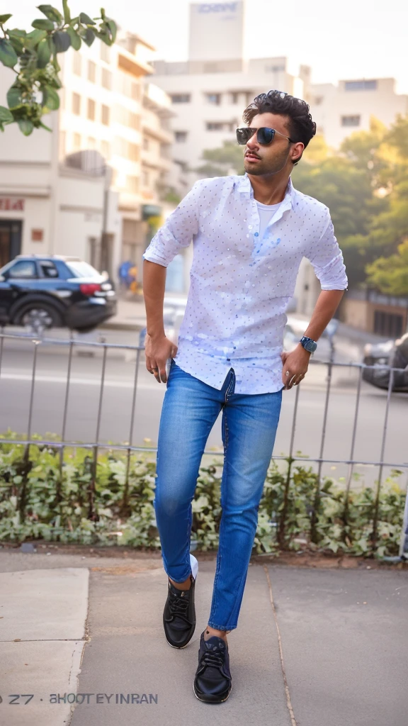 arafed man in a white shirt and blue jeans standing on a sidewalk, with a cool pose, casual photography, full body photogenic shot, candid picture, cool pose, with lovely look, full body picture, stylish pose, casual pose, with accurate face, taken with sony alpha 9, very artistic pose, wearing casual clothing, wearing in shirt, mohamed chahin style