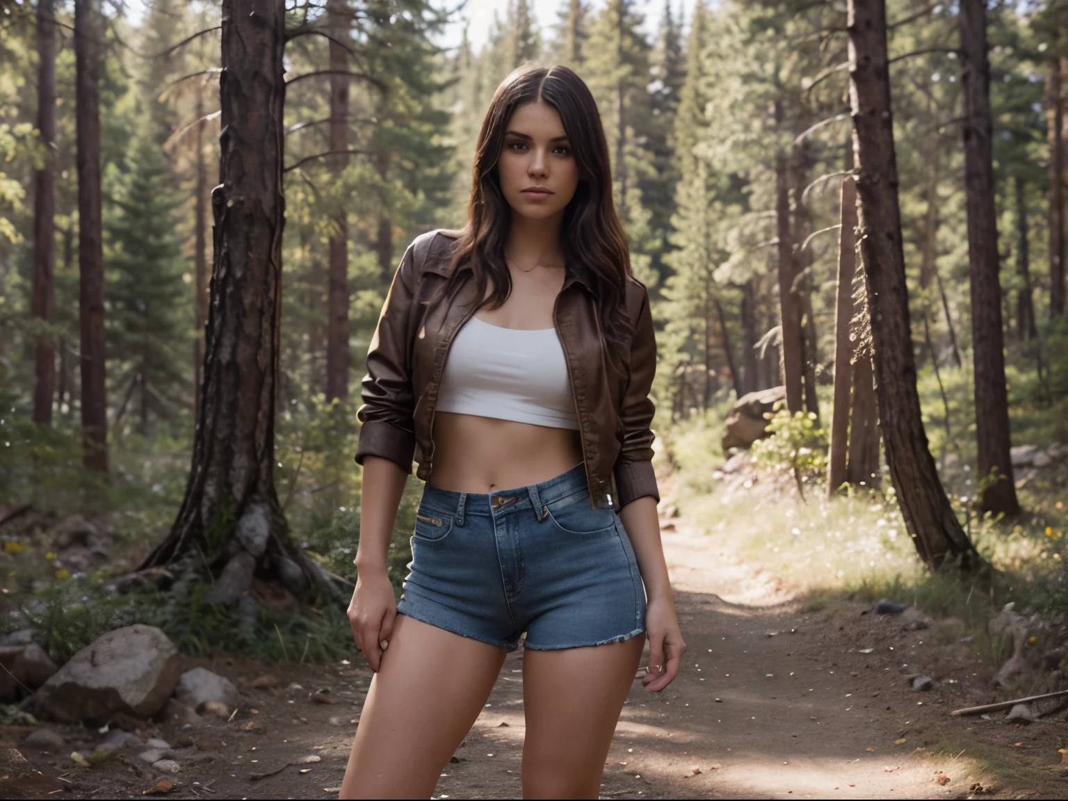 8k, RAW photo, best quality, ultra high resolution, photorealistic, realistic photo of a girl in the rocky mountain forest, rocks, rocky mountains, bright light, (full body picture), standing posing for picture, sexy pose, wearing (jeans jacket, jeans shorts, thigh bands with knife holster), (looking at viewer), fierce look, High Detail, Sharp focus, bright light