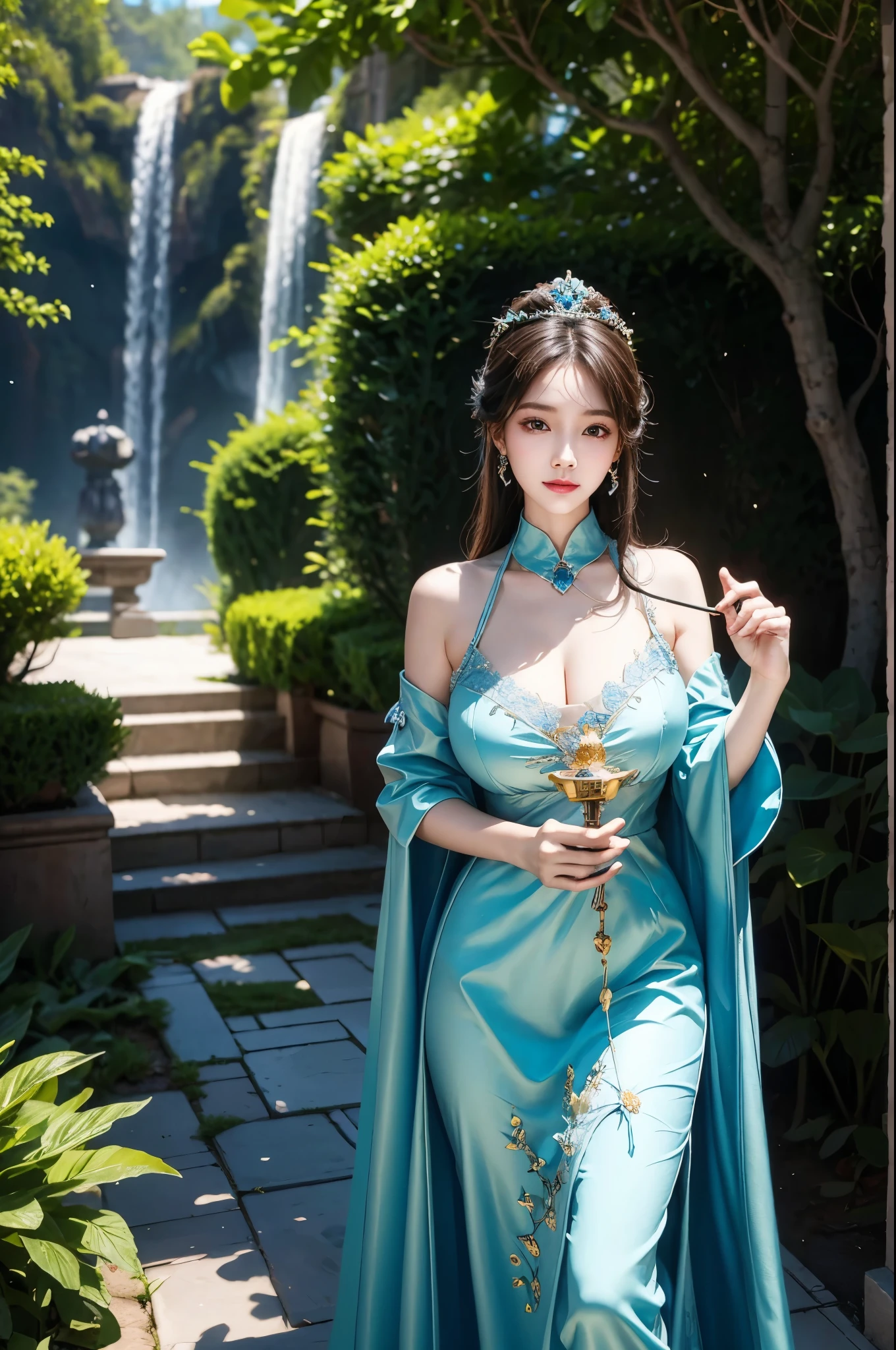 painting of a woman in a blue dress standing in a garden,  gigantic cleavage breasts, a fine art painting by Chen Lin, trending on cg society, fantasy art, fantasy art style, ethereal fantasy, a beautiful fantasy empress, beautiful fantasy art, ((a beautiful fantasy empress)), fantasy beautiful, beautiful fantasy maiden, ethereal beauty, palace ， a girl in hanfu, vibrant fantasy style