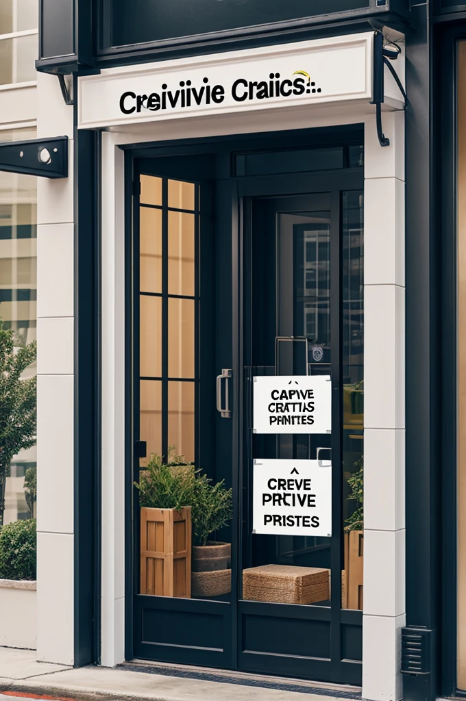 Generate an image of what a physical establishment would look like outside of a company called Creative Areas that prints designs on mugs., caps, t-shirts, etc