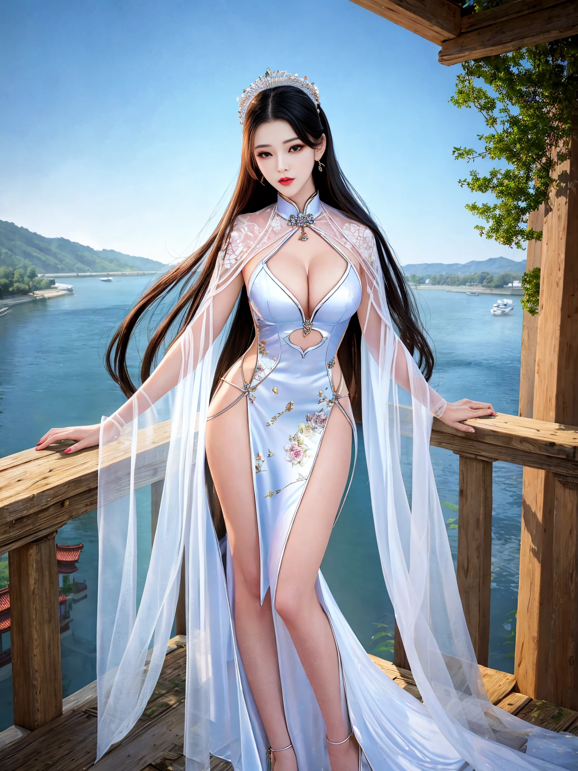 Top quality, masterpiece, high resolution, Chinese,,,,On the banks of the river,,,,,,,,On the banks of the river,,,,,,,,,,,,,,,,,naked,,stand erect,,1girl, charming appearance and personality, big body, extremely sexy, ,,,,Floral print ,, ,Floral print,, Light yellow floral fragments,,(transparent ), large hollow see-through, beautiful and delicate face, (desire figure) perfect slim figure (nipple slip: 0.5), perfect white skin,stand erect,,Smooth black long hair,,,,Black Hair
