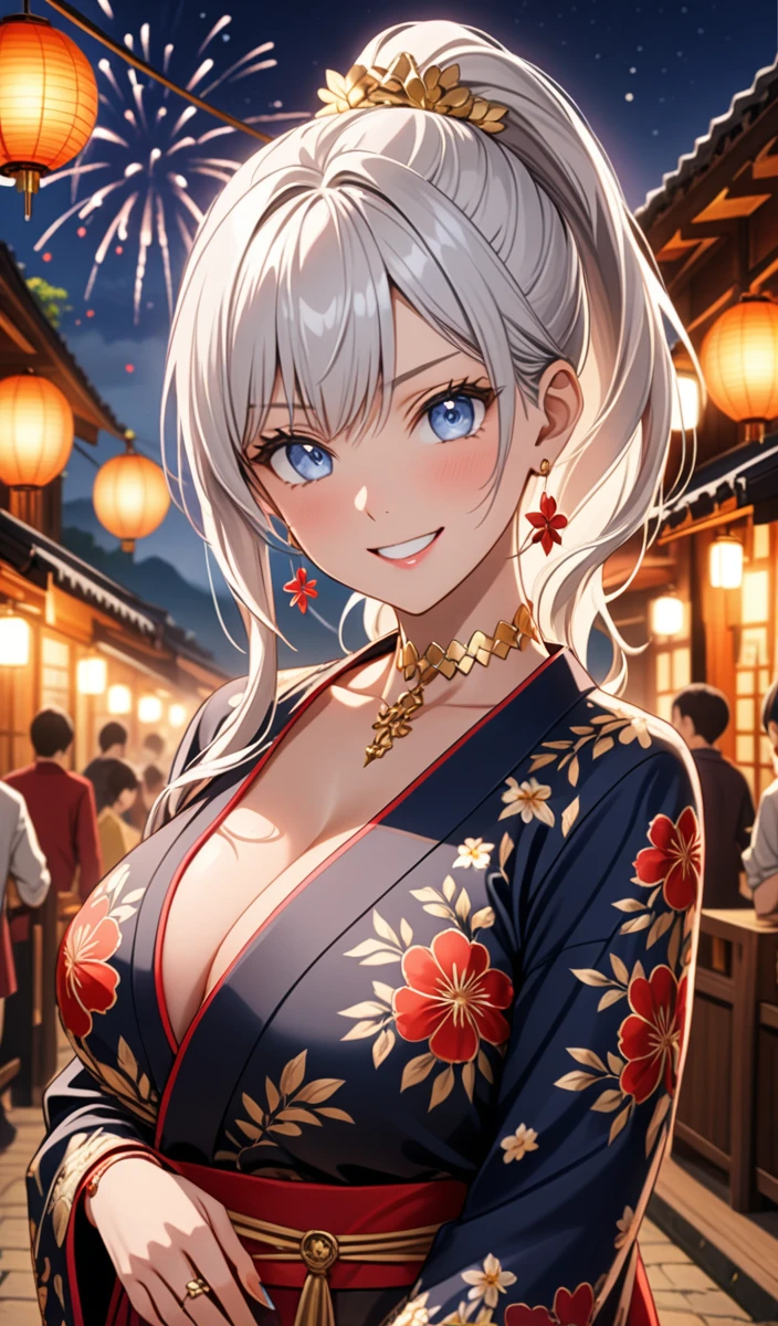 ((One personの女性)), Beautiful Face, (Laughing embarrassedly), ((smirk:1.2)), ((Wink:1.3)), (head tilt:1.3), upper teeth, looking at viewer, ((full-face brash:1.5)), ((Big Breasts:1.3)), Night view,Countryside landscape, firework, Glossy Red Lips, (Shining Face), ((Anime style background)),masterpiece, Highest quality, so beautiful,up to date, Complex details, (Pink long nails), (nail art), (ring),(bracelet),(Floral choker), AI-generated, Complex,High resolution, Highest quality, super high quality,3D Images、3D Images,One person,Long white hair,High Ponytail, Anime woman posing for a photo, ((silver eyes:1.5)), ((Fine grain、blue eyes、Shining Eyes:1.4)), (Squint your eyes:1.1),a hyperRealistic , hyperRealistic , Realistic,Anime woman with long white hair, Smooth anime CG art, (A woman in a colorful kimono with gold embroidery), ((Black long sleeve kimono:1.5)), Red floral pattern,Long flower hair ornament,Earrings,Mature Body,Tall,Abdominal muscles,Tight waist, ((Zoom in on face:1.8)), (front view:1.3),