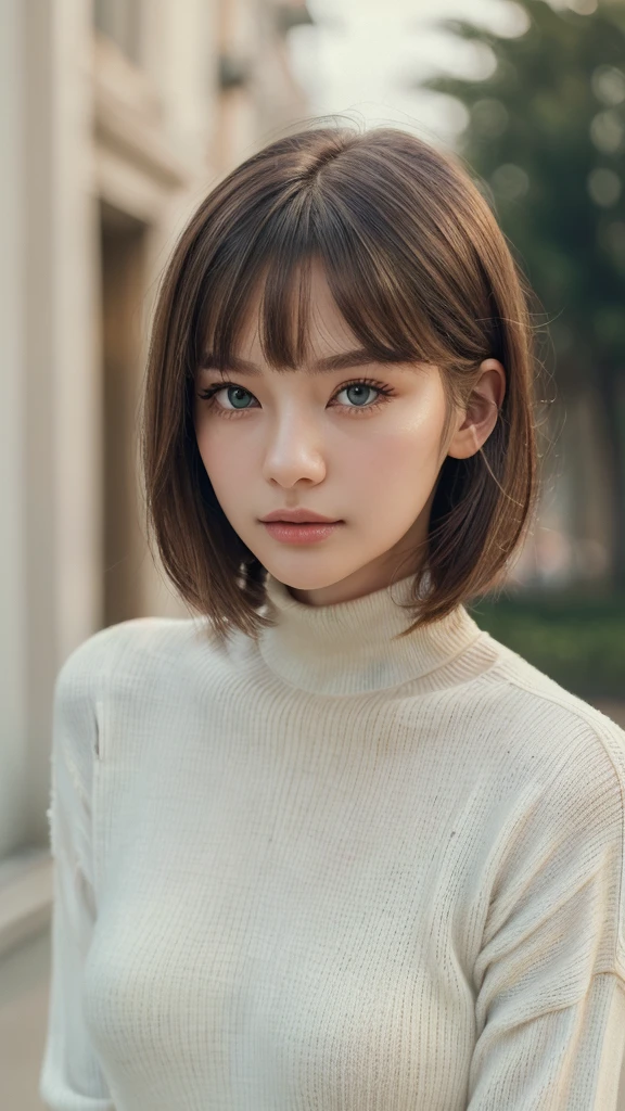 (masterpiece:1.5)、(Realistic:1.5)、(Highest quality:1.4、8K、RAW Photos)、 Ultra-high resolution、Professional Lighting、Perfect dynamic composition、Film Grain、chromatic aberration、(bokeh:1.1)、 Frank、Sophisticated、charm、超Realistic、Attention to detail、Golden Ratio、 (1 Girl)、slender girl、Delicate and charming girl、Cute Woman:1.4、 Serious expression、Looking at the audience、Light brown hair、Shiny Hair、The hairstyle is a bob cut、 Realistic looking skin、 shut up.、Beautiful Eyes、double eyelid、Thin arms、White high neck ribbed sweater (((Blur background F value 1.4)))