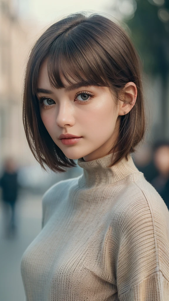 (masterpiece:1.5)、(Realistic:1.5)、(Highest quality:1.4、8K、RAW Photos)、 Ultra-high resolution、Professional Lighting、Perfect dynamic composition、Film Grain、chromatic aberration、(bokeh:1.1)、 Frank、Sophisticated、charm、超Realistic、Attention to detail、Golden Ratio、 (1 Girl)、slender girl、Delicate and charming girl、Cute Woman:1.4、 Serious expression、Looking at the audience、Light brown hair、Shiny Hair、The hairstyle is a bob cut、 Realistic looking skin、 shut up.、Beautiful Eyes、double eyelid、Thin arms、White high neck ribbed sweater (((Blur background F value 1.4)))