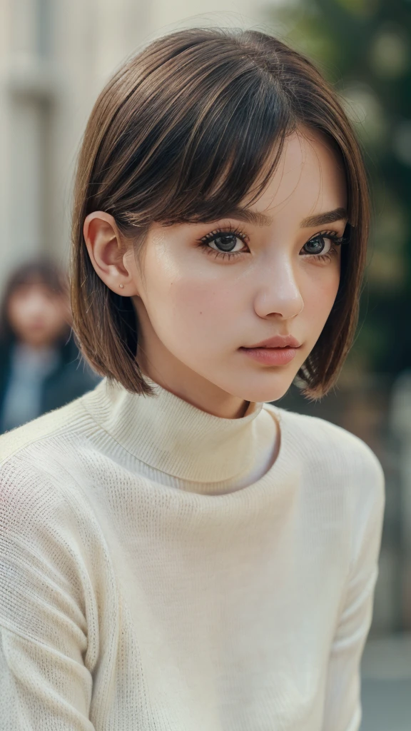 (masterpiece:1.5)、(Realistic:1.5)、(Highest quality:1.4、8K、RAW Photos)、 Ultra-high resolution、Professional Lighting、Perfect dynamic composition、Film Grain、chromatic aberration、(bokeh:1.1)、 Frank、Sophisticated、charm、超Realistic、Attention to detail、Golden Ratio、 (1 Girl)、slender girl、Delicate and charming girl、Cute Woman:1.4、 Serious expression、Looking at the audience、Light brown hair、Shiny Hair、The hairstyle is a bob cut、 Realistic looking skin、 shut up.、Beautiful Eyes、double eyelid、Thin arms、White high neck ribbed sweater (((Blur background F value 1.4)))