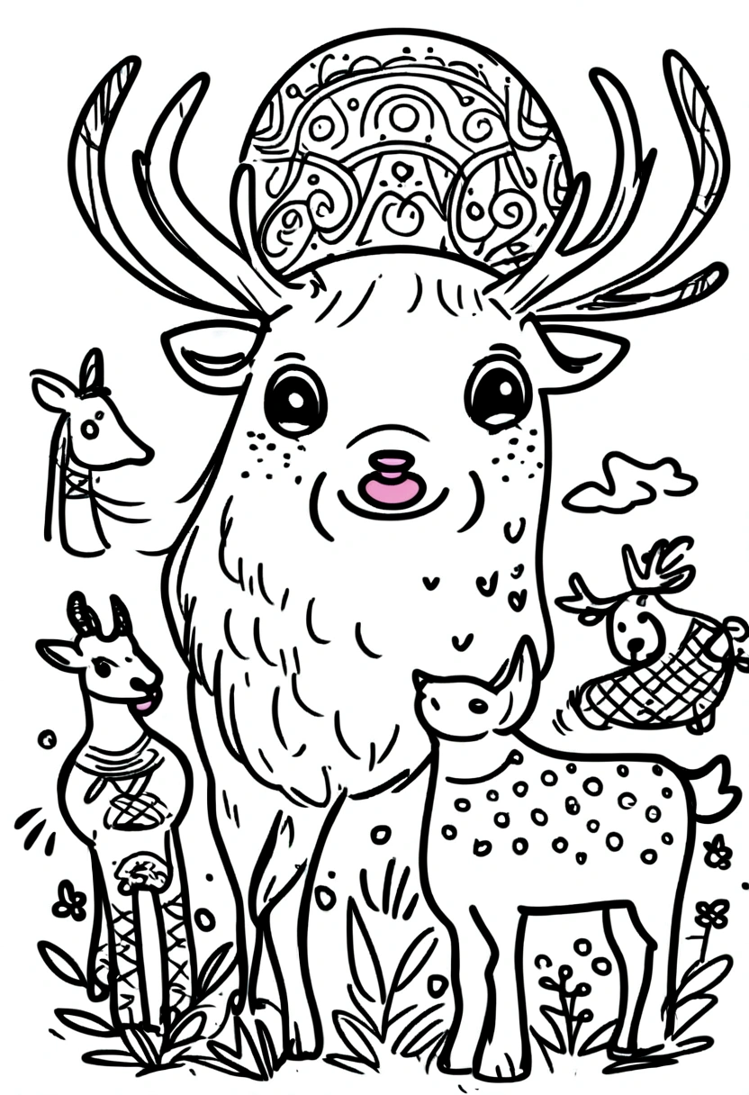 Zoo animals,deer,Sketch Style,Coloring book,White Background,drawing style,Kids Style,Black Line