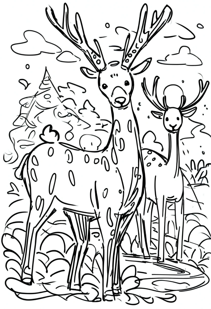 Zoo animals,deer,Sketch Style,Coloring book,White Background,drawing style,Kids Style,Black Line