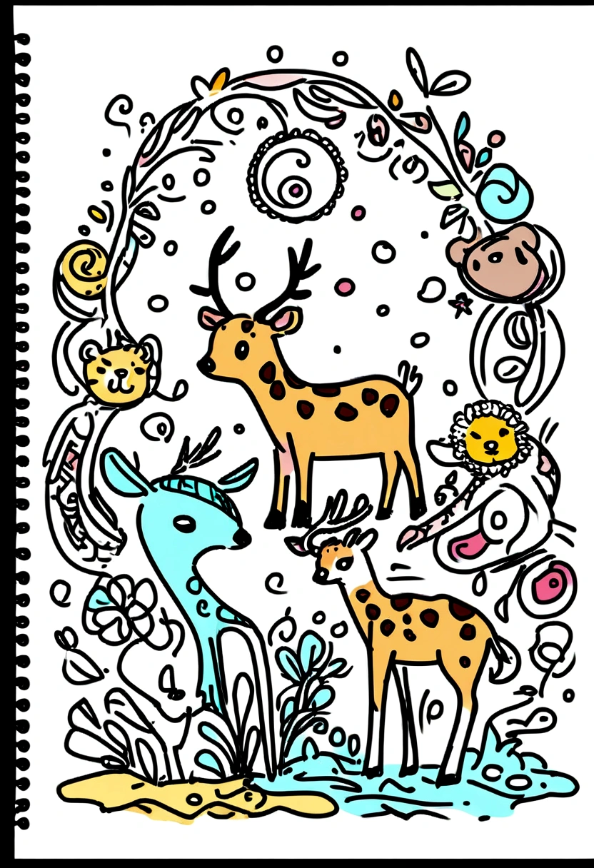 Zoo animals,deer,Sketch Style,Coloring book,White Background,drawing style,Kids Style,Black Line