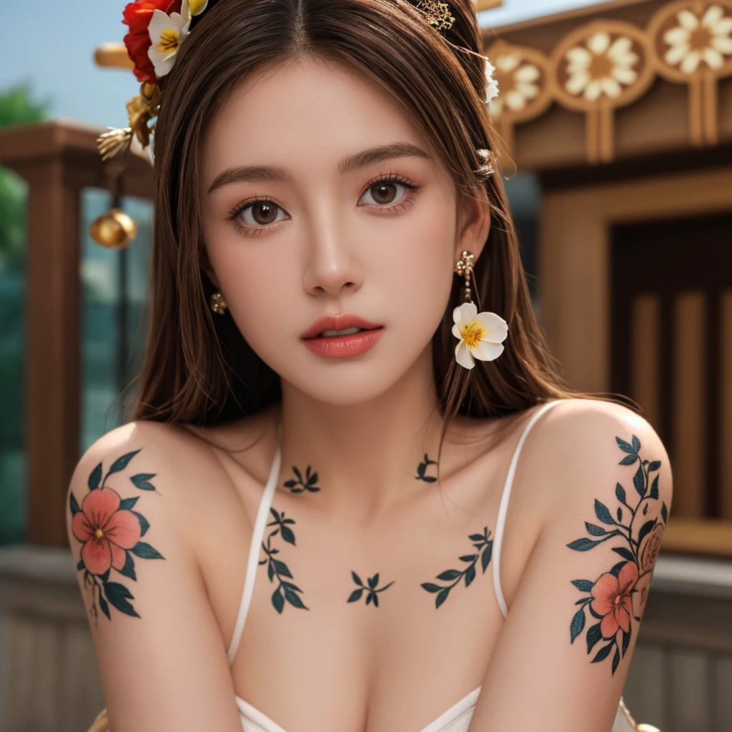 (male:1.2) (bodybuilder:0.8), masterpiece, photorealistic1girl, solo, waist up, look at the viewer, from bottom, (zentangle, mandala, tangle, entangle), (flower blossom:1.2), official art, unity 8k wallpaper, ultra-detailed, aesthetic, masterpiece, best quality, photorealistic, no bra, colorful,