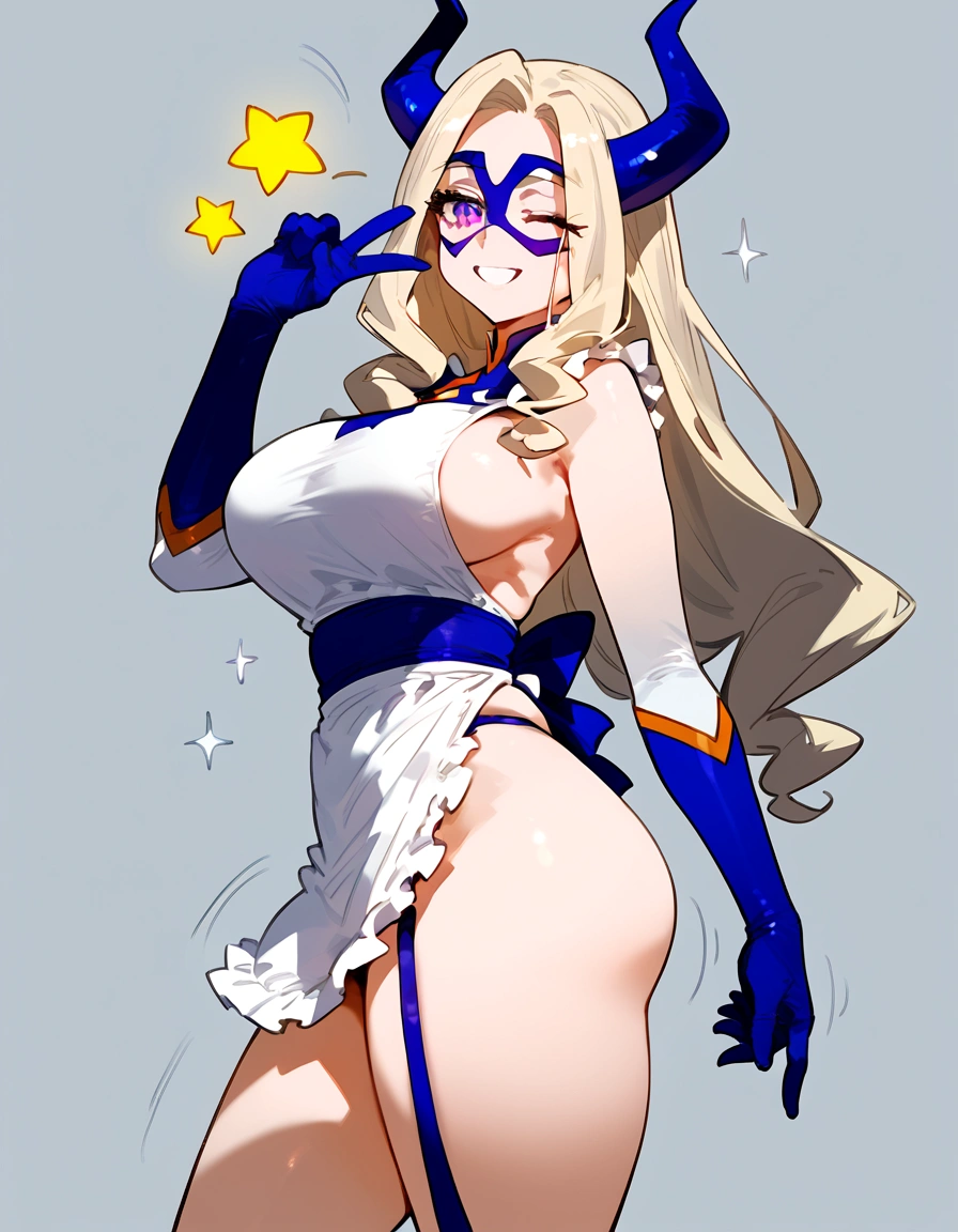 anime artwork, score_9, score_8_up, score_7_up, score_6_up, score_5_up, score_4_up, Mount Lady, blonde hair, purple eyes, big breasts, she is 24 years old, style_3, , , , grey background, apron, naked, side , ass, V, solo, smile, arched back, stars, wink, motion lines,panty straps