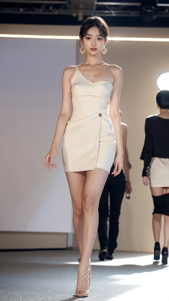 Korean women, so beautiful, Perfect Face, Very short hair, She is a model,Walking down the catwalk in a gorgeous outfit at Paris Fashion Week, Wear expensive earrings, perfect full body, Sexy beauty、Top model aura、She is photographed
