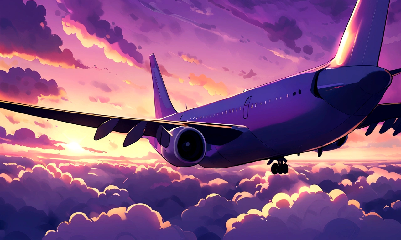 Beautiful purple sunset, airplane close up, fluffy clouds