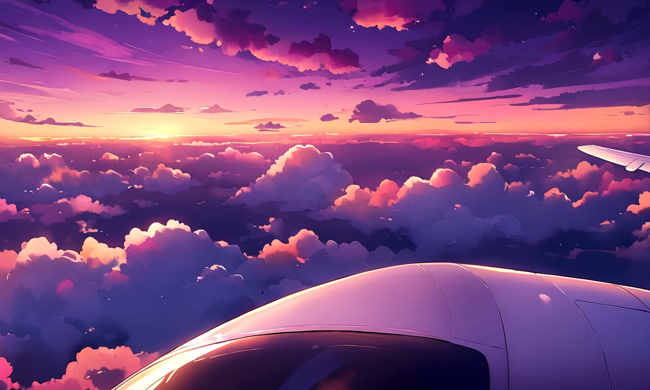 Beautiful purple sunset, airplane close up, fluffy clouds