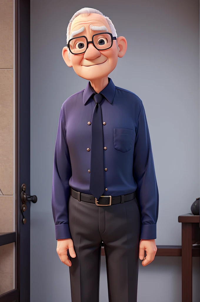 senior citizen, baldie, plumpness, with navy blue dress shirt and black pants