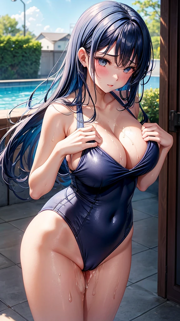 Beauty(A navy blue school swimsuit that is so shiny it reflects light.)、high school girl、Blue Hair、Obscene pose、She's a pervert、blush、Breast size of F cup、Big Butt、Heavy sweat all over the body、Love juice drips from the pussy、Squirting from pussy、Love juice overflows、Excessive sweating from underarms、A lot of pubic hair growing from the pussy、Move the part of the swimsuit that hides the pussy