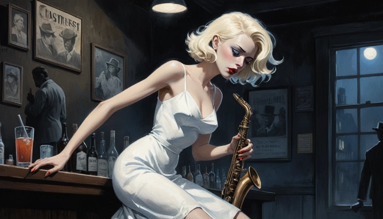 robert johnson, gritty, alabama bar, blue note, charismatic, white dress, illustration, ???? fantasy, lone blonde lady, sad ending, saxophonist