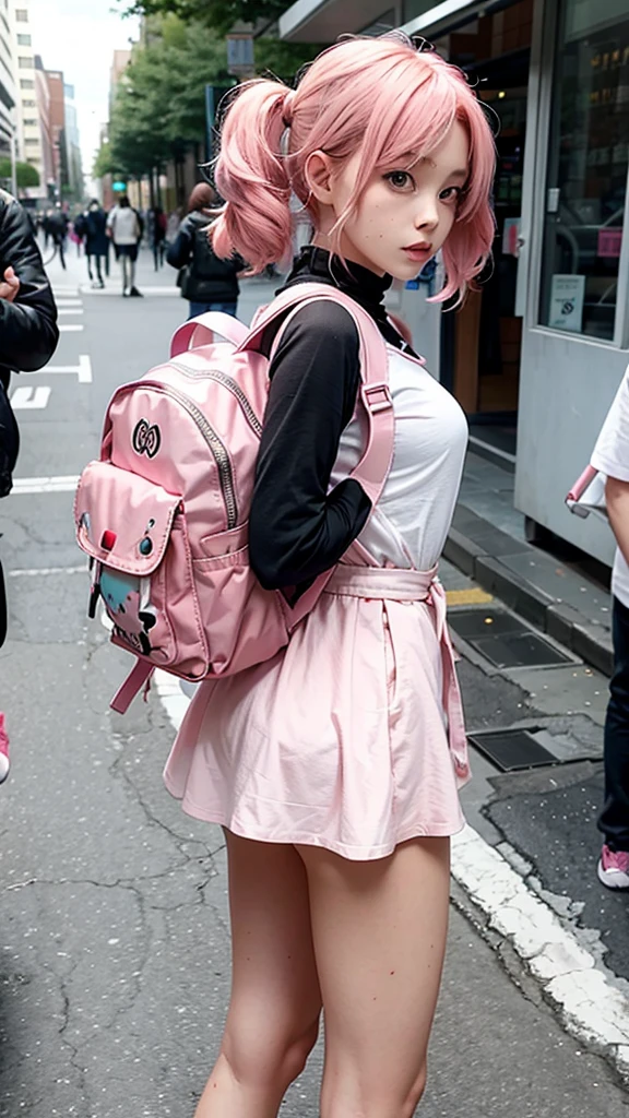 anime girl with pink hair with a backpack, She's wearing street clothes, with pink hair, portrait of jossi of blackpink, Ulzan, ((pink)), jossi of blackpink, lalisa manoban of blac color, Wearing cyberpunk streetwear, Japanese Streetwear, Long hair, Anime girls in real life, Casual posture, pink girl