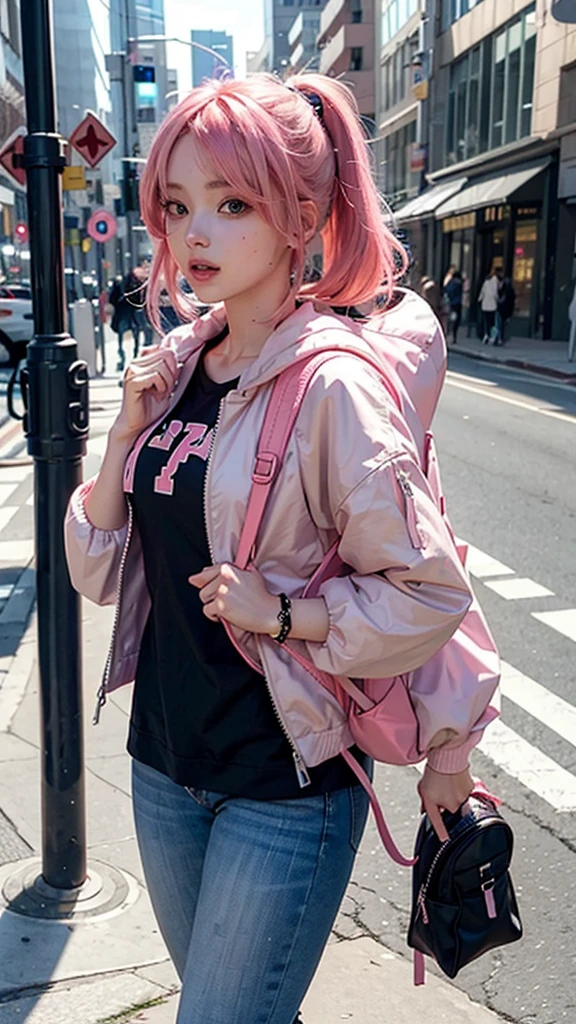 anime girl with pink hair with a backpack, She's wearing street clothes, with pink hair, portrait of jossi of blackpink, Ulzan, ((pink)), jossi of blackpink, lalisa manoban of blac color, Wearing cyberpunk streetwear, Japanese Streetwear, Long hair, Anime girls in real life, Casual posture, pink girl