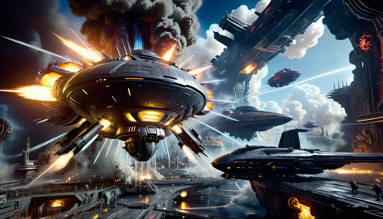 a massive futuristic spaceship, a space battle scene, a huge enemy spaceship looming in the distance, a command bridge overlooking the battle, cinematic lighting, highly detailed, epic scale, intricate mechanical design, glowing neon lights, reflective metal surfaces, billowing smoke and exhaust, intense battle damage, dynamic camera angle, dramatic lighting and shadows, hyper-realistic, photorealistic, 8k resolution, masterpiece