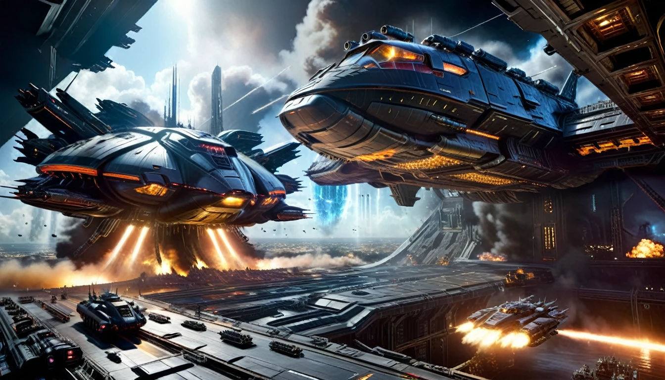 a massive futuristic spaceship, a space battle scene, a huge enemy spaceship looming in the distance, a command bridge overlooking the battle, cinematic lighting, highly detailed, epic scale, intricate mechanical design, glowing neon lights, reflective metal surfaces, billowing smoke and exhaust, intense battle damage, dynamic camera angle, dramatic lighting and shadows, hyper-realistic, photorealistic, 8k resolution, masterpiece