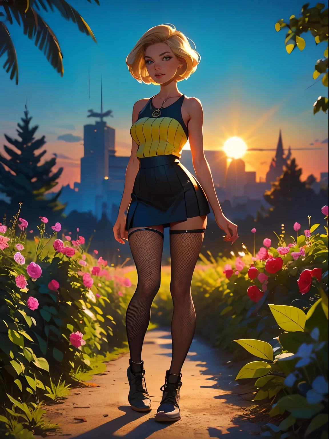 2076 year. The Urban Ruins of the Wasteland, Female huntress picking fruit in the garden, beautiful face, blonde, Black mini skirt with a striped top, fishnet tights, and creepers , long legs, sweating through, sun rising, Nice warm colors, head to toe, full body shot, pretty hands, perfect fingers,