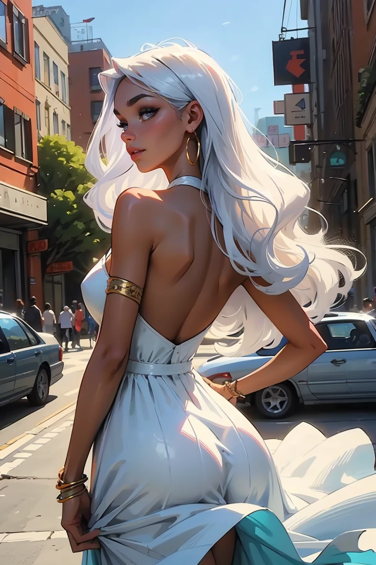 Goddess ((goddess-like woman)), slim elegant silhouette, masterpiece, (close angle), best quality, dark skin, sweet face, (masterpiece:1,2, best quality), (real picture, intricate details), (1 lady , solo, medium tits, slim waistline, ), (with very long hair), a woman with long hair, withe hair, very long wavy white hair, turquoise eyes, she has an impressive presence., bracelet, hoop earrings, jewelry, beautiful face, beautiful eyes, She is wearing a white short dress withe flowers, flower dress, beautiful back, back view, upperbody view, sweet irresistible smile, elegant pose, elegant hands, beautiful hands, perfect fingers,, background: She is standing in a Big city, busy city, dance club, outside, blue sky,