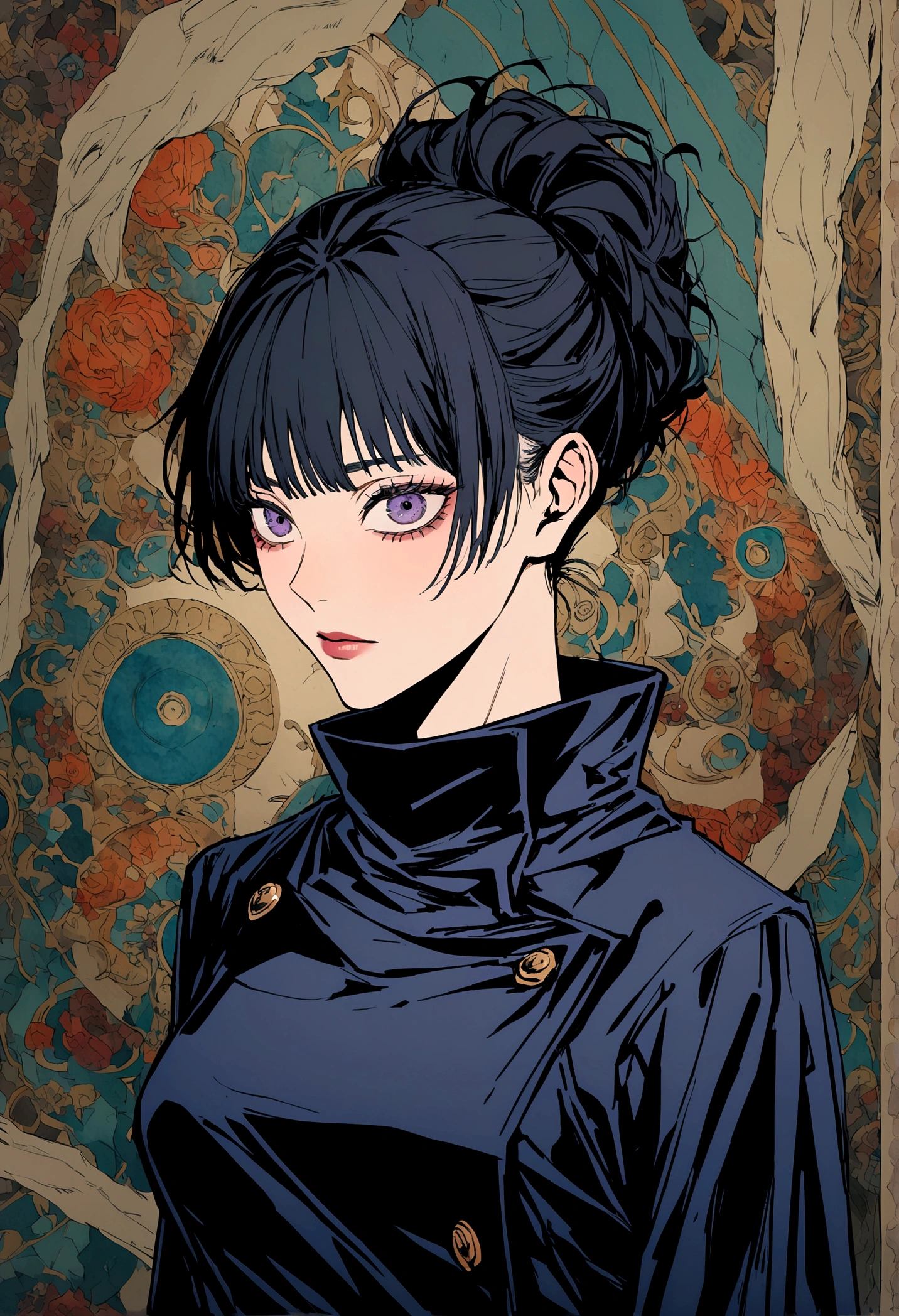 jujutsu Kaisen scene of a male whith purple and black hair and carmesim eyes. she is wearing jujutsu Kaisen dark Blue uniform