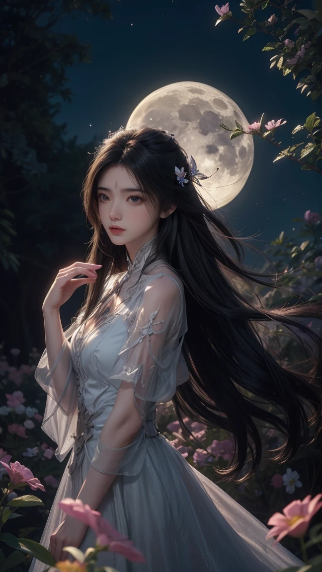 1girl, girl with long black hair, smiling, cheerful, girl is standing among a wide expanse of flowers,girl posing gracefully , surrounded by beautiful flowers, Calm and peaceful atmosphere, night, moonlight , Beautiful glowing butterflies surround the girl lighting up the darkness of the night, magic,Romantic, the night breeze blows the Sepoi Sepoi girl's hair, 